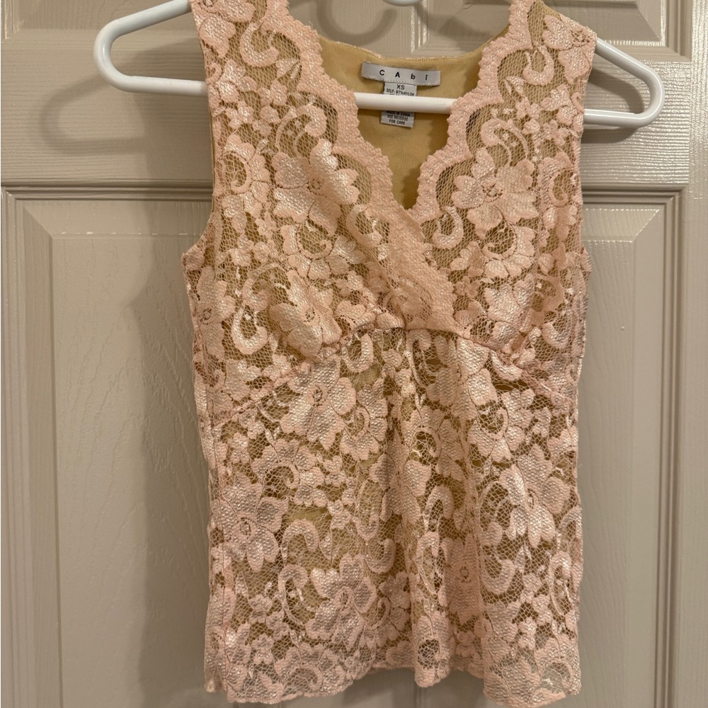 CAbi Tan Sleeveless Lace Blouse with Ruffled Details